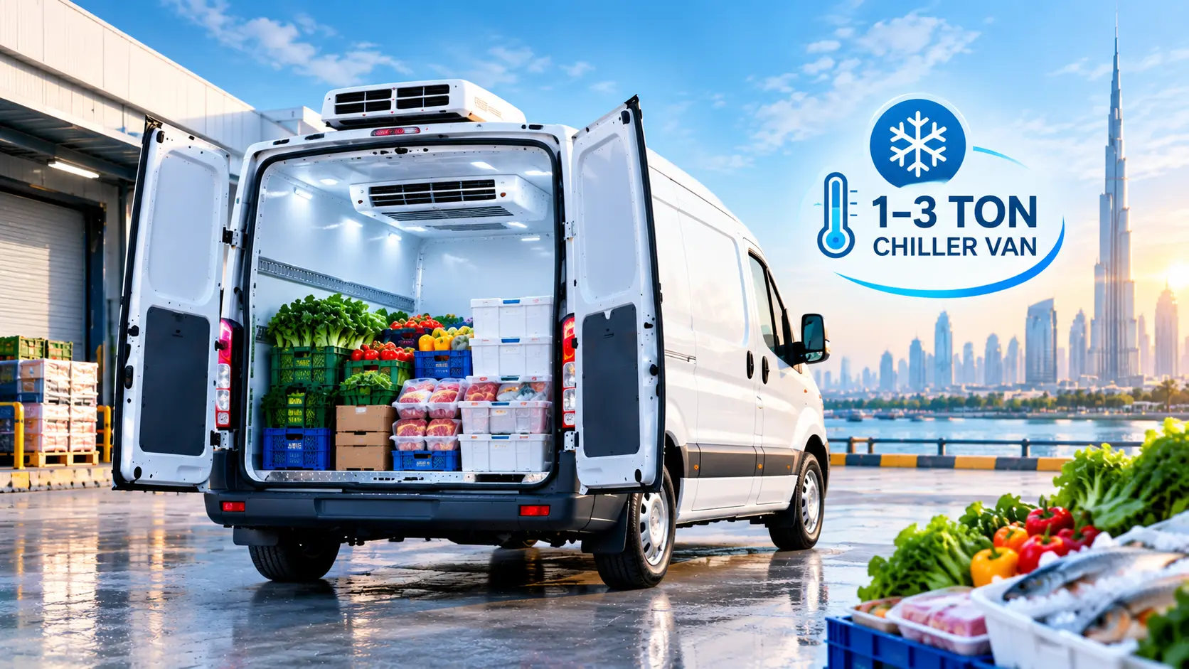 1 to 3 ton chiller van used for daily refrigerated deliveries in Abu Dhabi